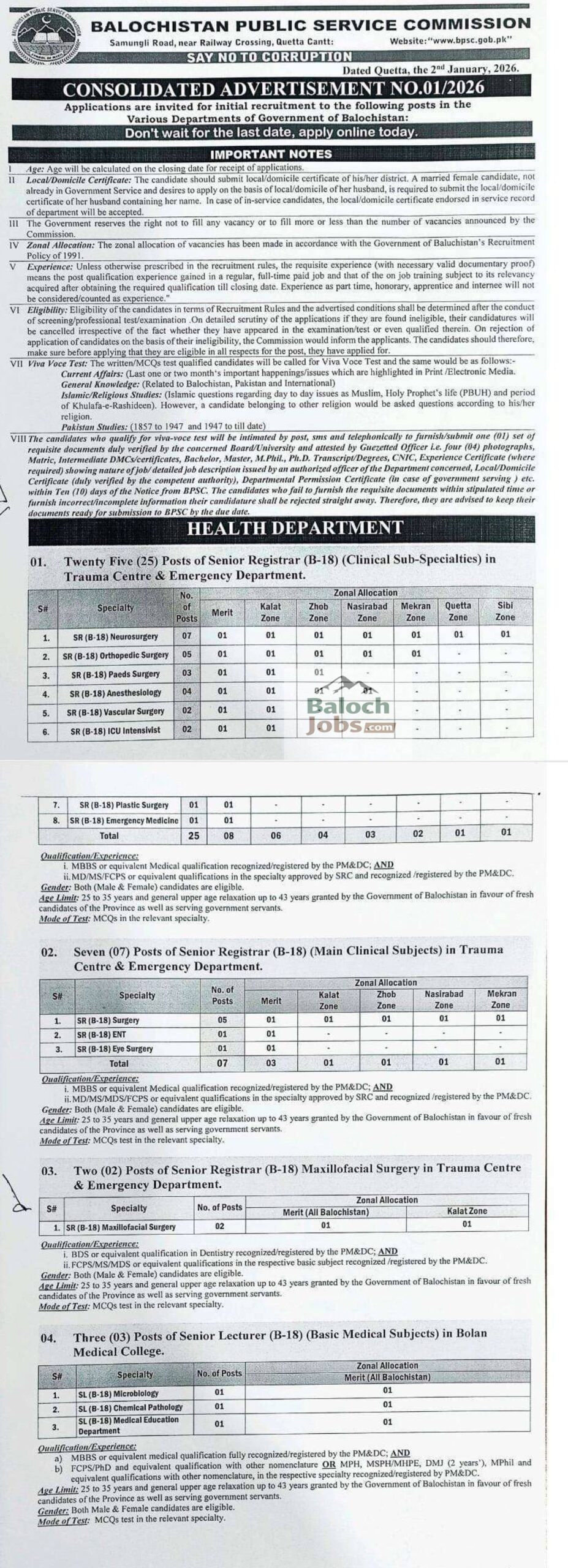 BPSC Jobs Advertisement No 01-2026 Official Advertisement 