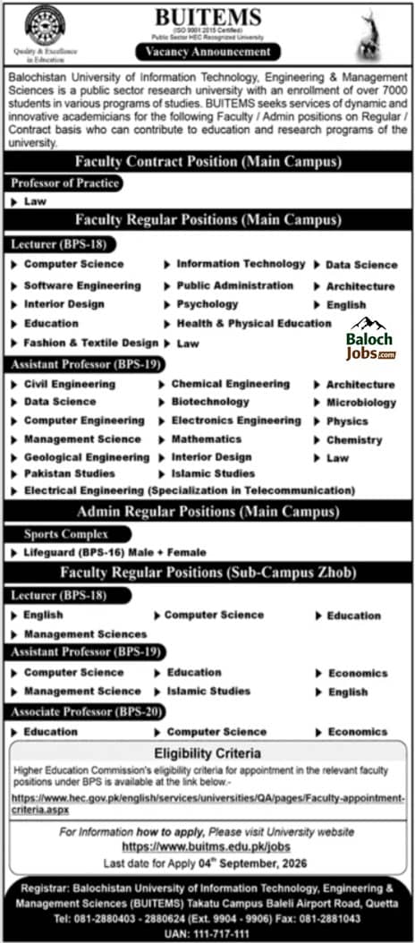 BUITEMS Jobs 2026 Official Advertisement