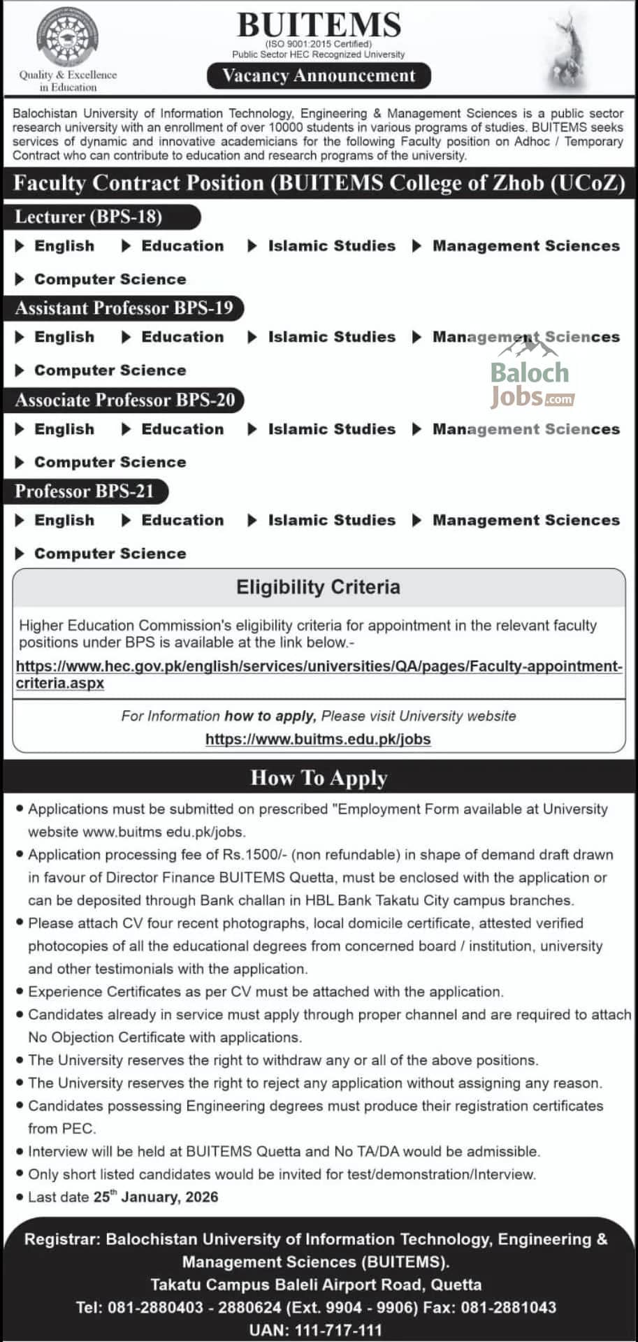 BUITEMS Jobs 2026 Official Advertisement