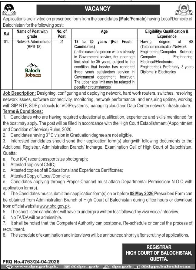 Balochistan High Court Jobs in April 2026 Advertisement