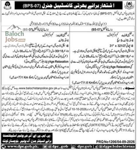 Balochistan Police Constable Jobs 2026 Advertisement