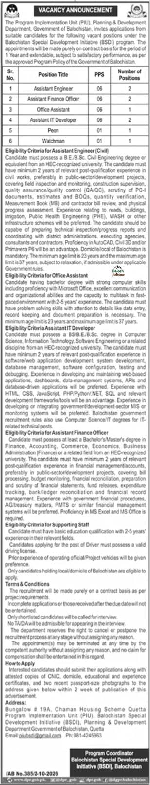 Balochistan Special Development Initiative BSDI Jobs 2026 Official Advertisement