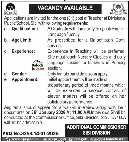 Divisional Public School Sibi Jobs 2026 Official Advertisement 