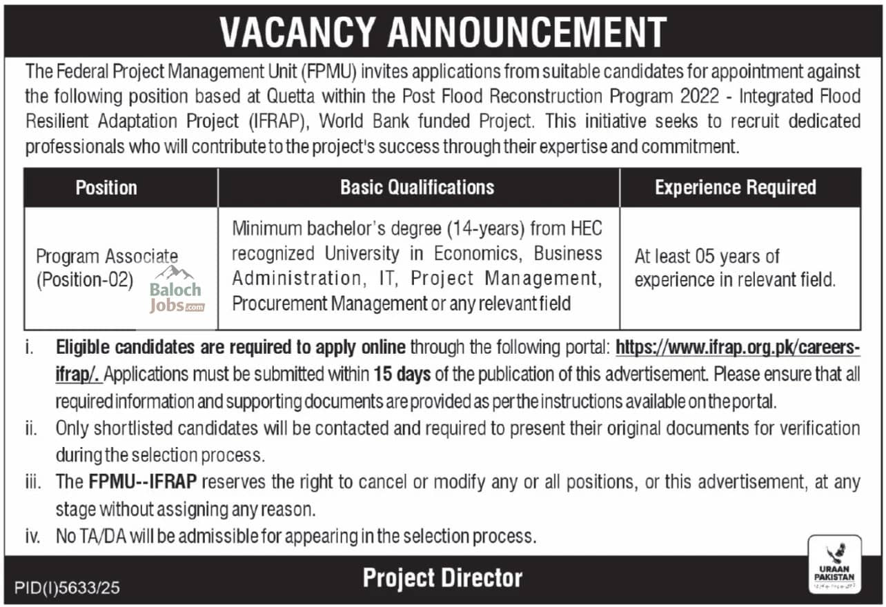 Federal Project Management Unit Quetta Jobs 2026 Official Advertisement