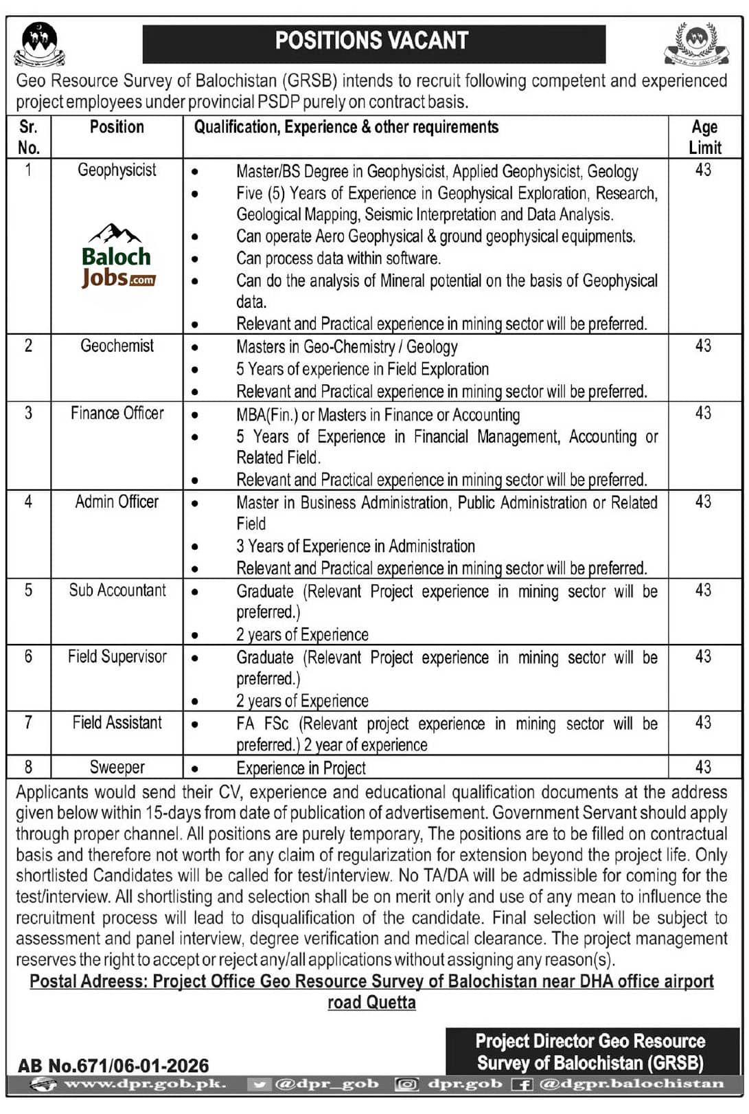 Geo Resource Survey of Balochistan Jobs 2026 Official Advertisement