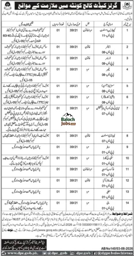 Girls Cadet College Quetta Jobs 2026 Advertisement
