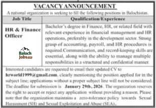 HR & Finance Officer Jobs in Balochistan 2026 Official Advertisement