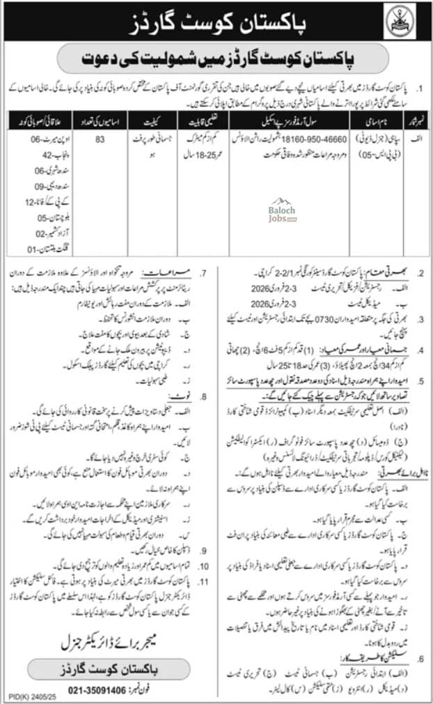 Pakistan Coast Guards Jobs 2026 Official Advertisement 