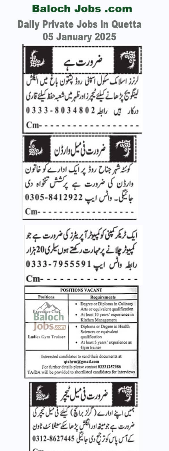 Private Jobs in Quetta Cty 05 January 2026