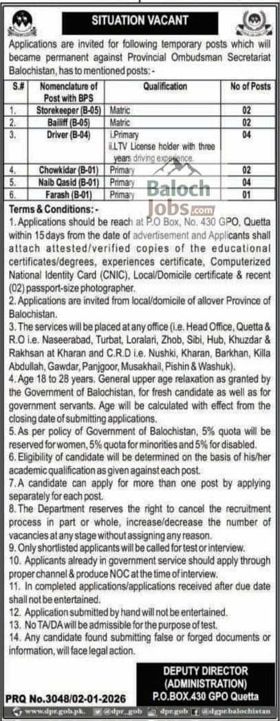 Provincial Ombudsman Secretariat Balochistan Jobs 2026 Official Advertisement 