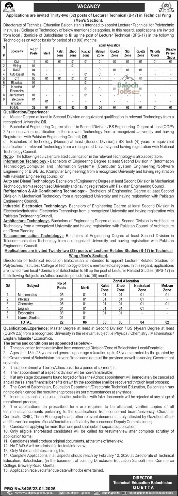 Technical Education Balochistan Jobs 2026 for Lecturer 1 Technical Education Balochistan Jobs 2026 Official Advertisement