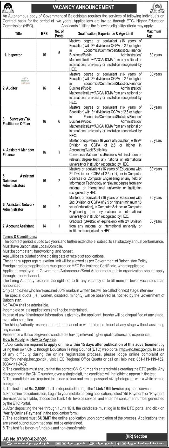Autonomous Body Government of Balochistan Jobs 2026 via ETC HEC Official Advertisement 