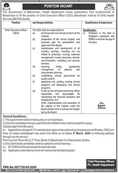 Balochistan Institute of Child Health Services Quetta Jobs 2026 Official Advertisement 