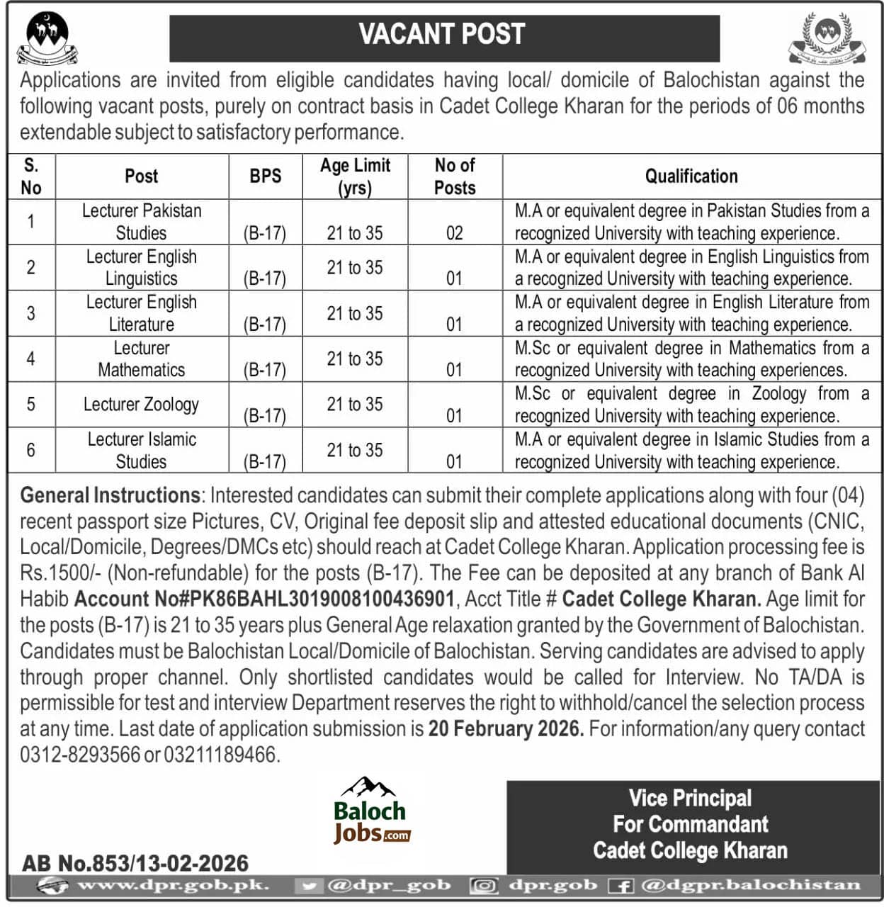 Cadet College Kharan Jobs 2026 Official Advertisement 