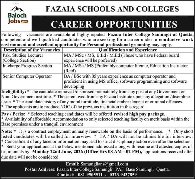 Fazaia School and College Jobs in Quetta 2026 Advertisement