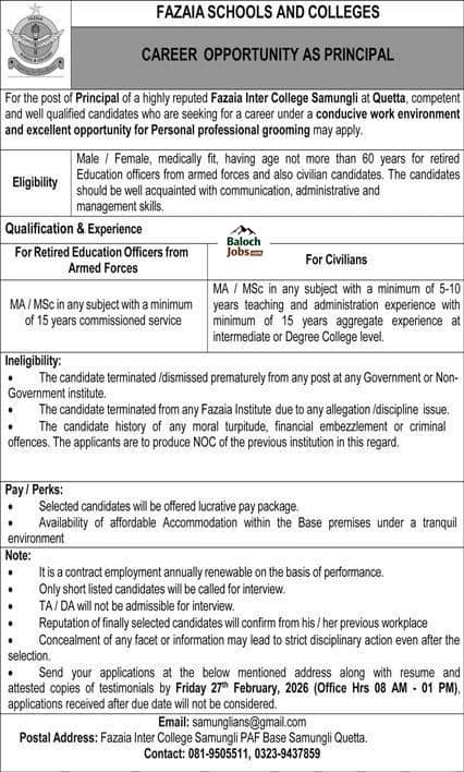Fazaia School and College Jobs in Quetta 2026 Official Advertisement 