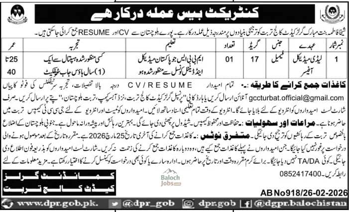 Girls Cadet College Turbat Jobs 2026 Official Advertisement 