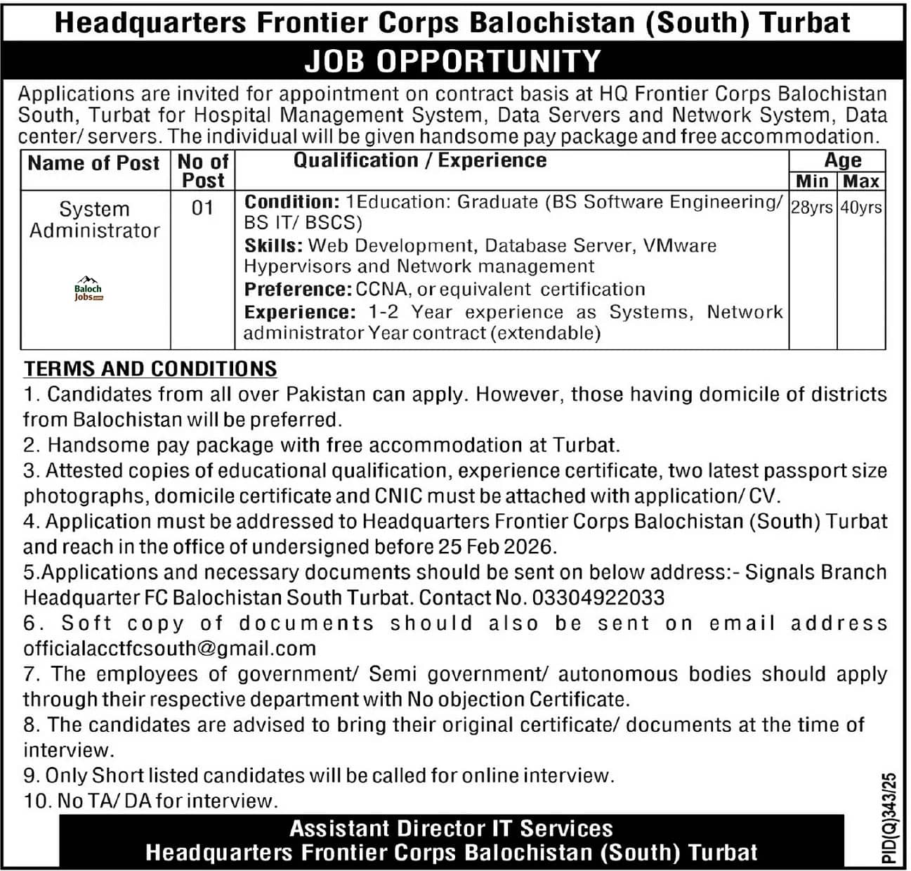 HQ Frontier Corps FC Balochistan South Jobs 2026 Official Advertisement February 2026