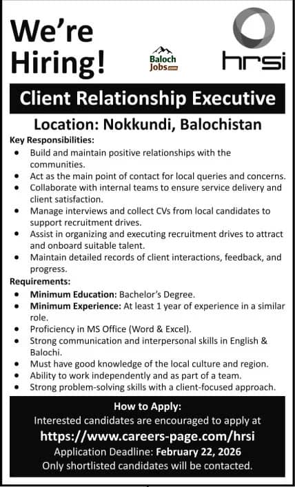 HRSI Client Relationship Executive Jobs in Chaghi 2026 Official Advertisement 