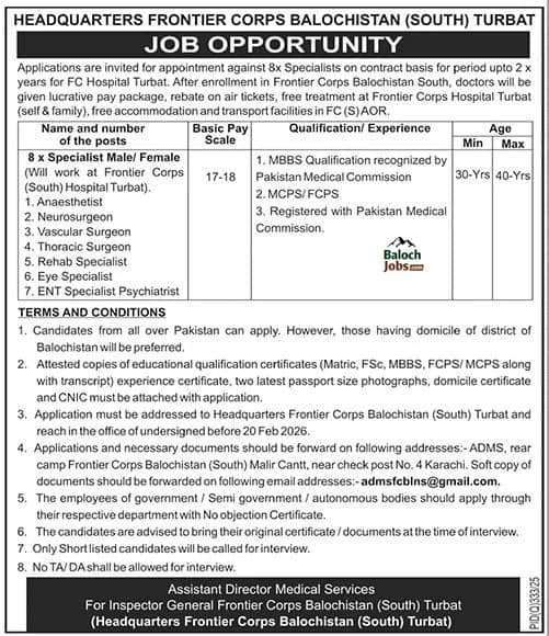 Headquarters Frontier Corps Balochistan South Turbat Jobs 2026 Official Advertisement 