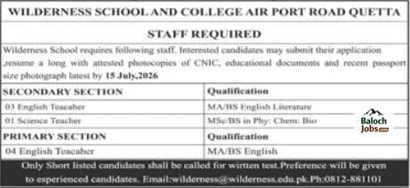 Jobs at Wilderness School and College Quetta 2026 1 Jobs at Wilderness School and College Quetta 2026 Advertisement