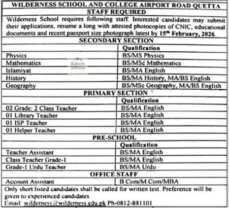 Jobs at Wilderness School and College Quetta 2026 Official Advertisement 