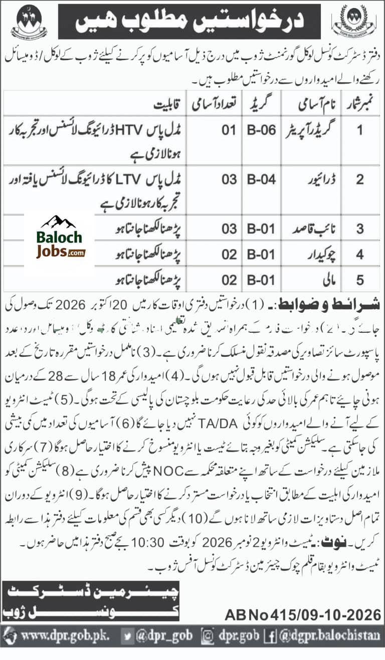 Local Government Department Zhob Jobs 2026 Advertisement