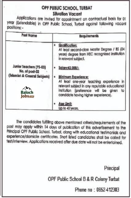 OPF Public School Turbat Jobs 2026 Official Advertisement 