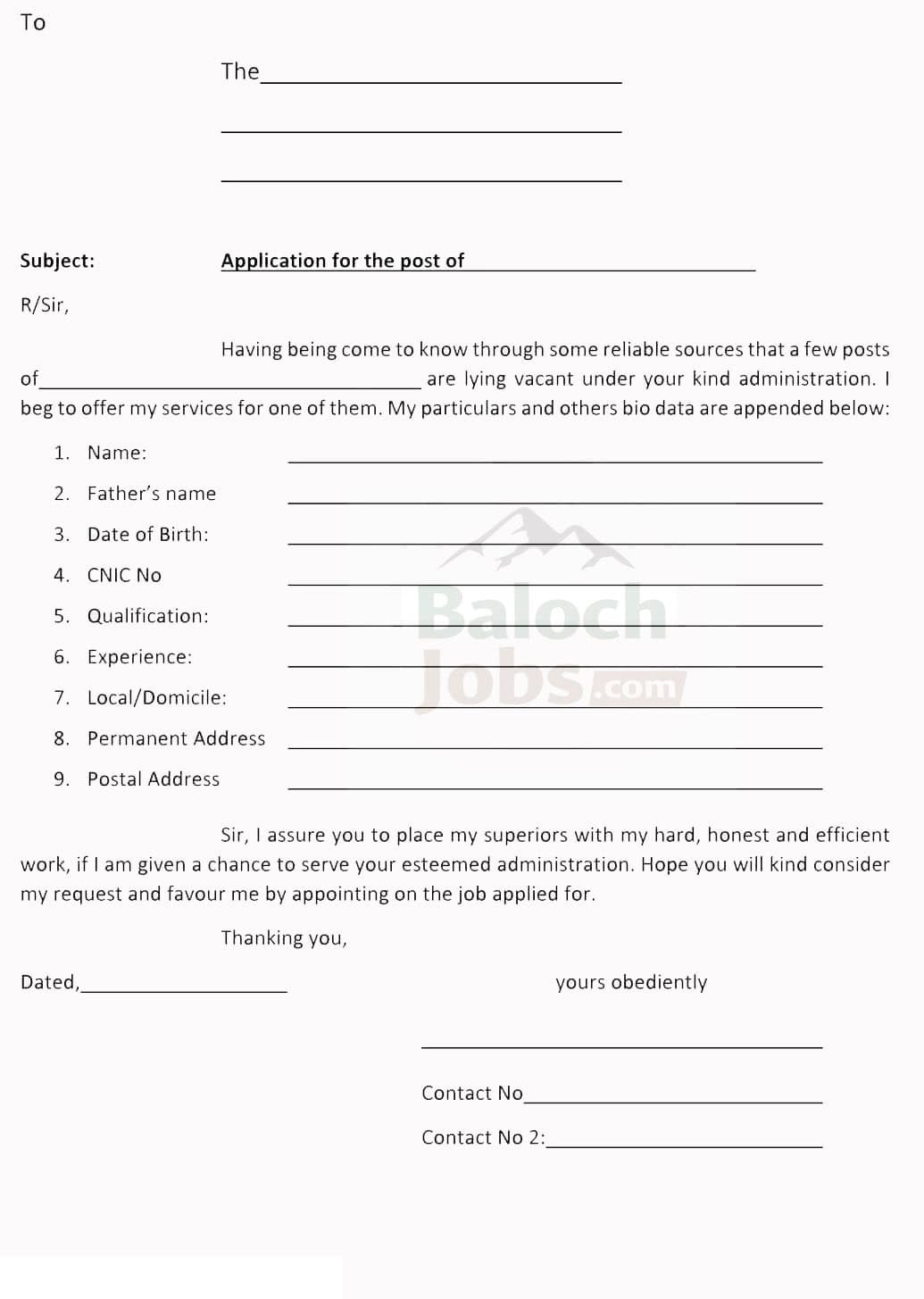 Official Balochistan Jobs Application Form in English 