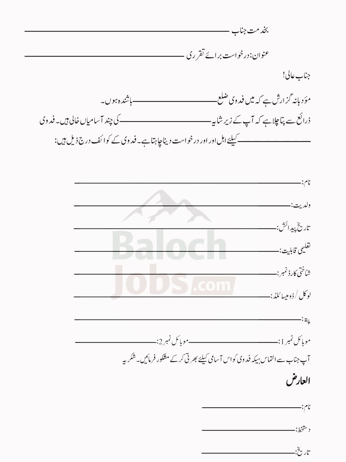 Official Balochistan Jobs Application Form in Urdu