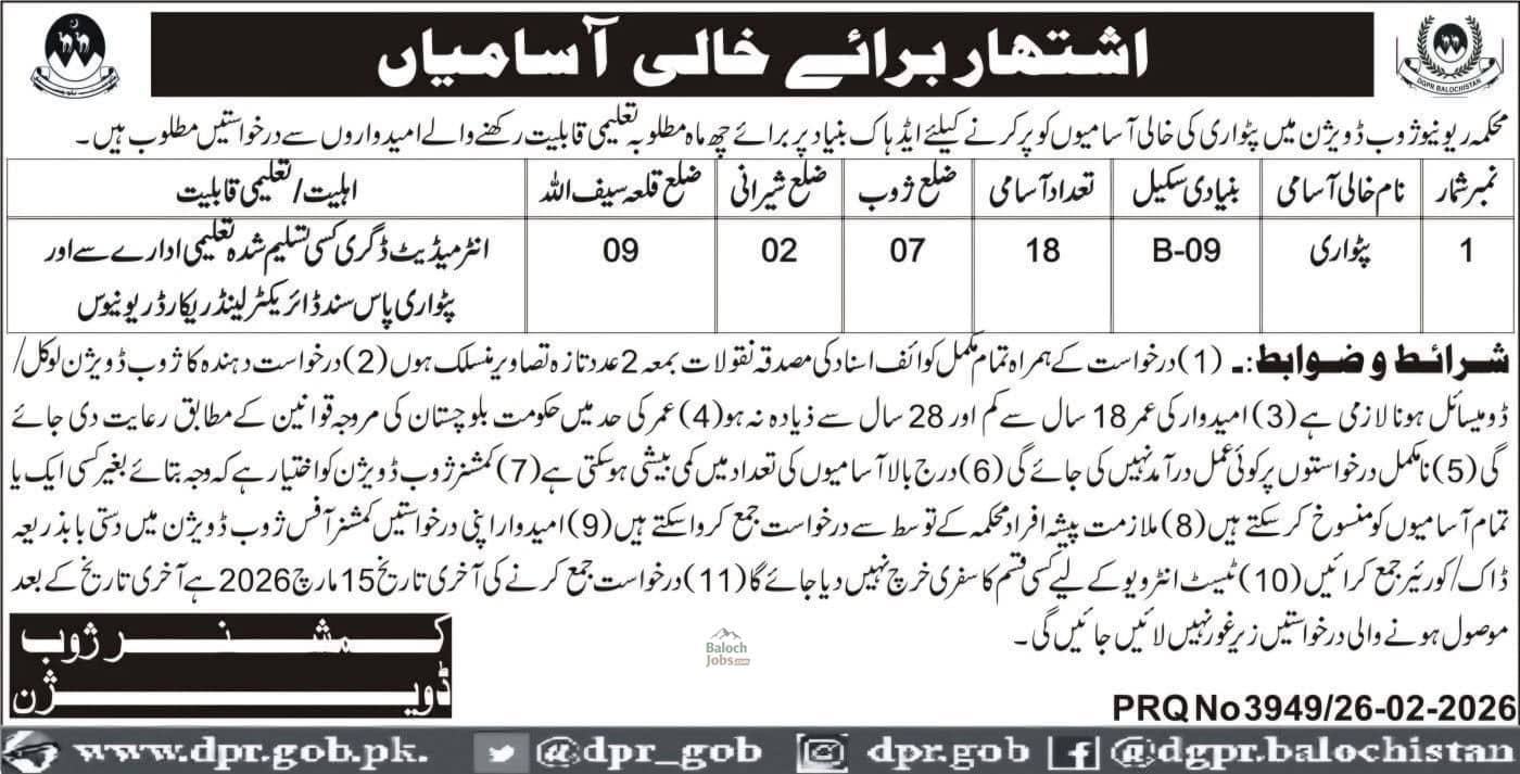 Patwari Jobs in Zhob 2026