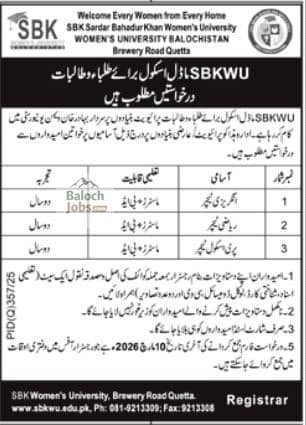 SBK Womens University Quetta Jobs 2026 Official Advertisement 