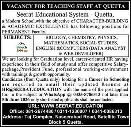 Seerat Educational System Quetta Jobs 2026 Advertisement