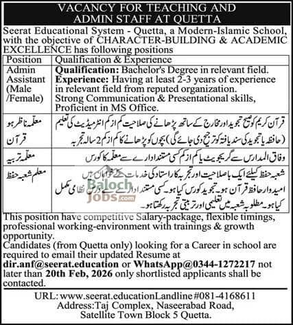 Seerat Educational System Quetta Jobs 2026 Official Advertisement