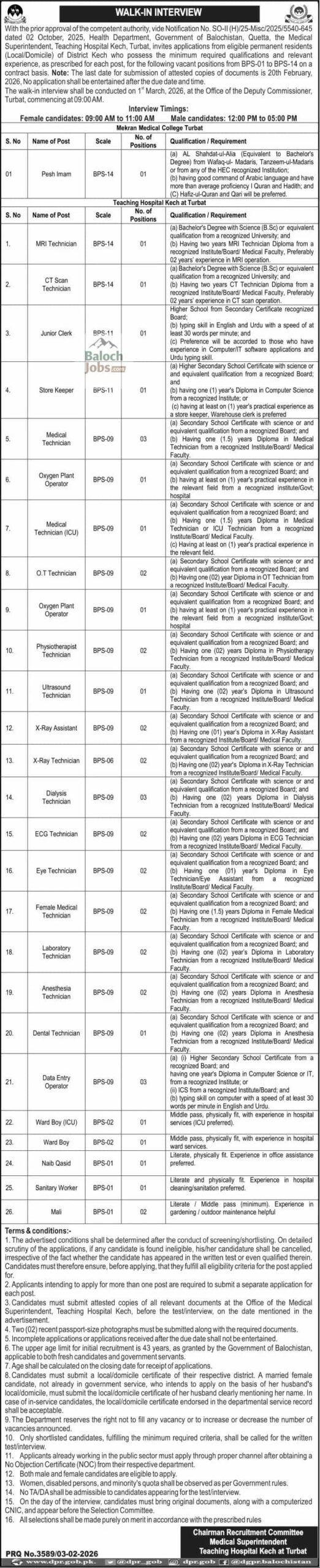 Teaching Hospital Kech Turbat Jobs 2026 Official Advertisement 