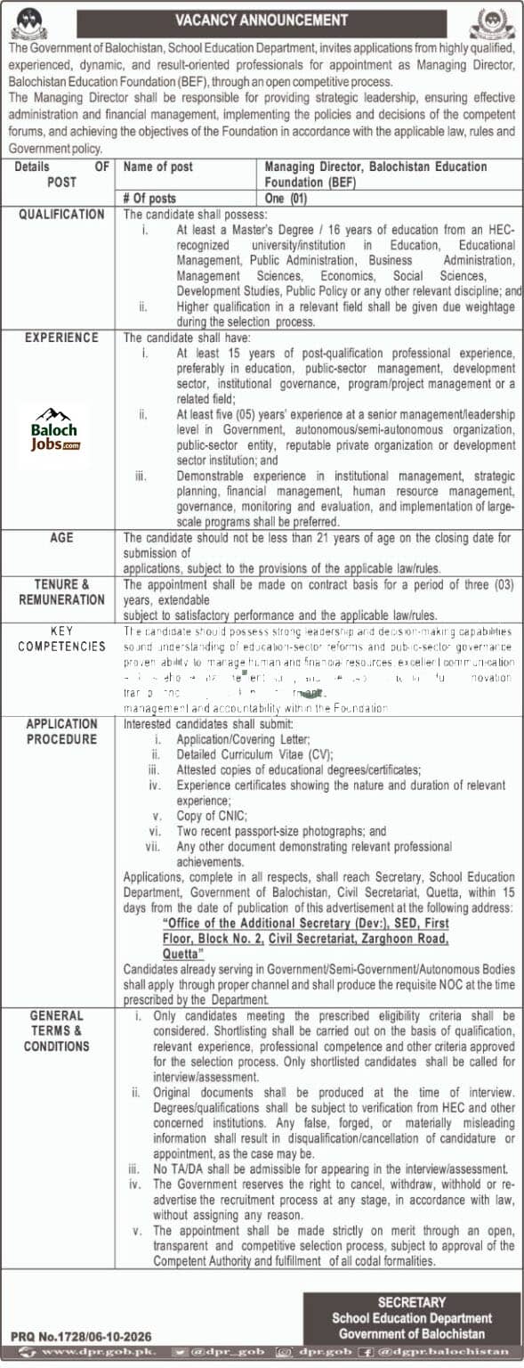 Balochistan Education Foundation Jobs 2026 Advertisement