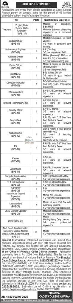 Cadet College Awaran Jobs 2026 Official Advertisement 