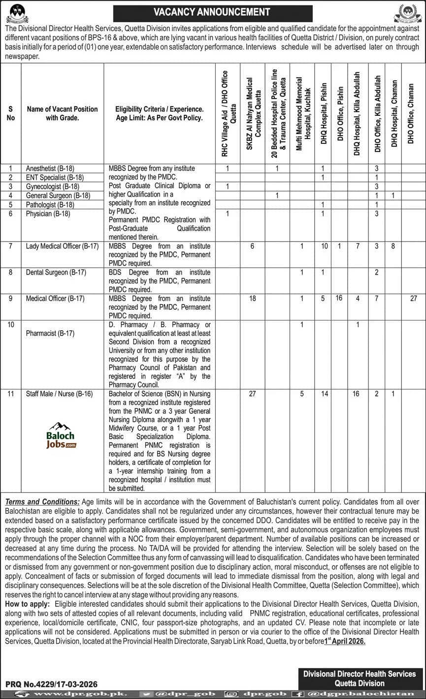 Divisional Director Health Services Quetta Jobs 2026 Official Advertisement 
