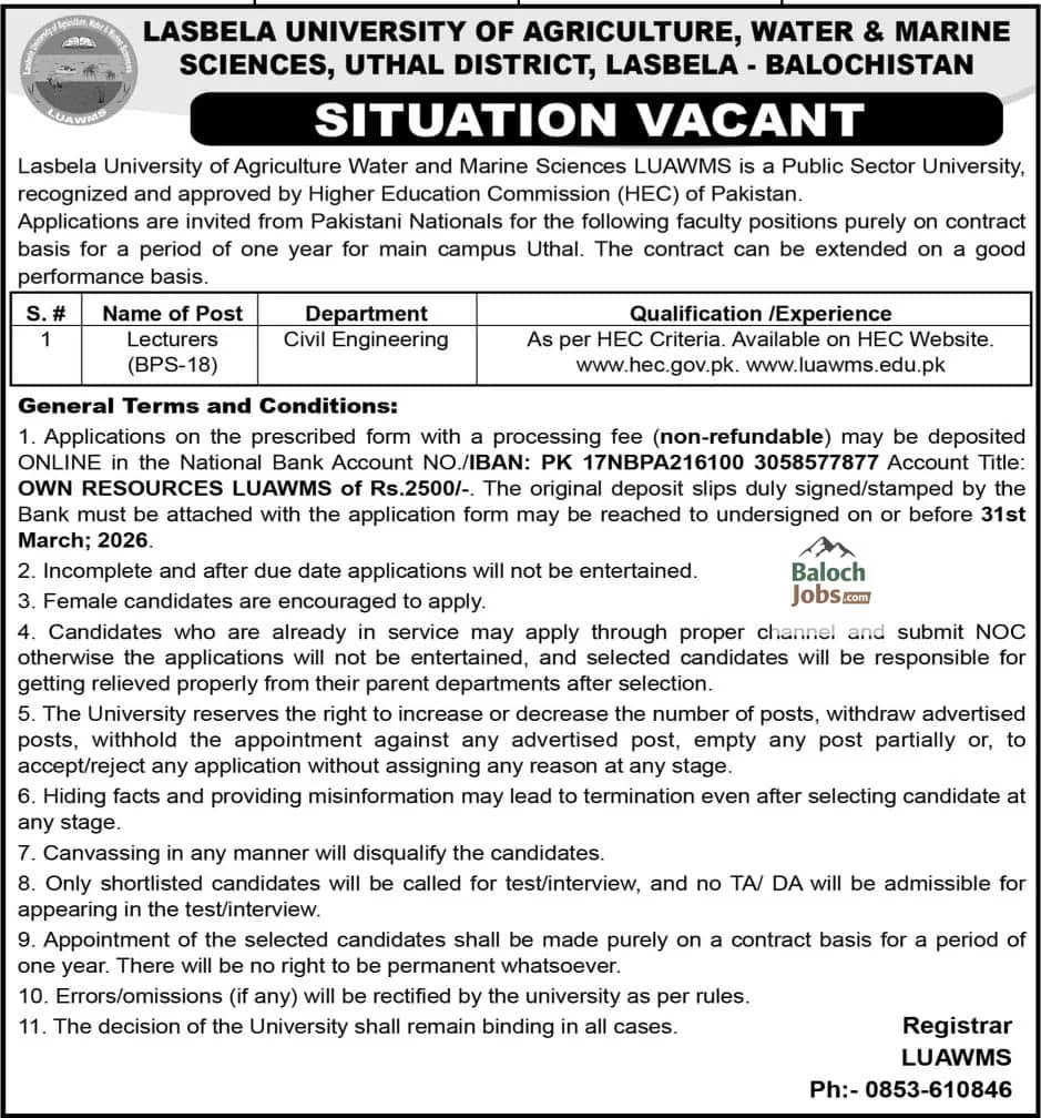 Lasbela University LUAWMS Jobs 2026 Official Advertisement