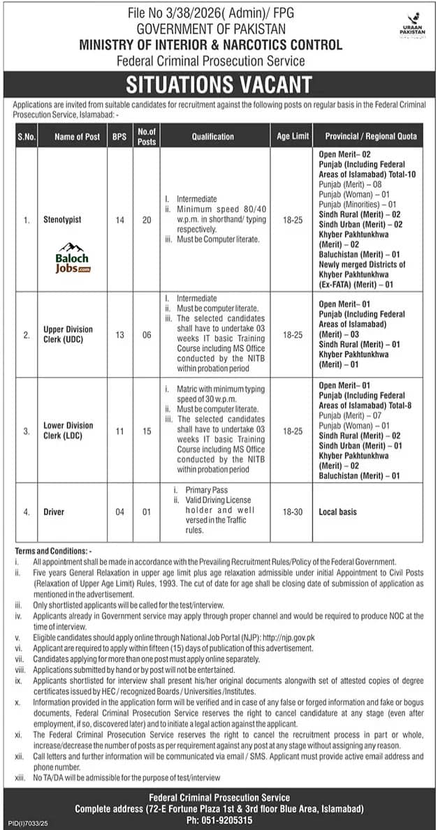Ministry of Interior and Narcotics Control Jobs 2026 Official Advertisement 