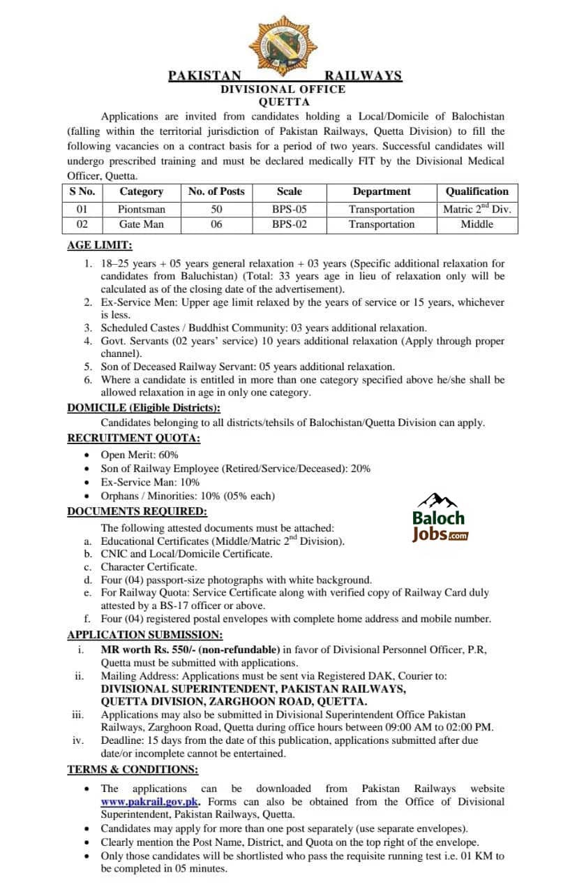 Pakistan Railway Jobs in Quetta Division 2026 Official Advertisement 