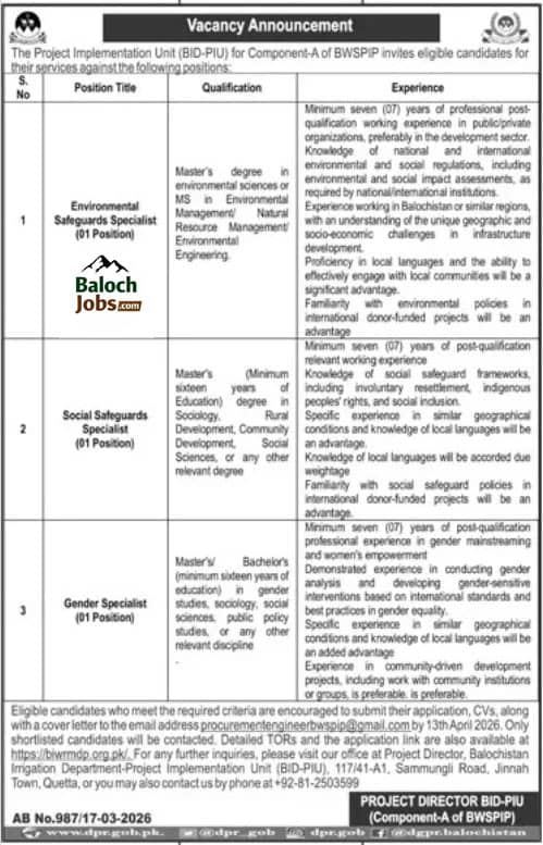 Project Implementation Unit Balochistan Jobs 2026 Official Advertisement 