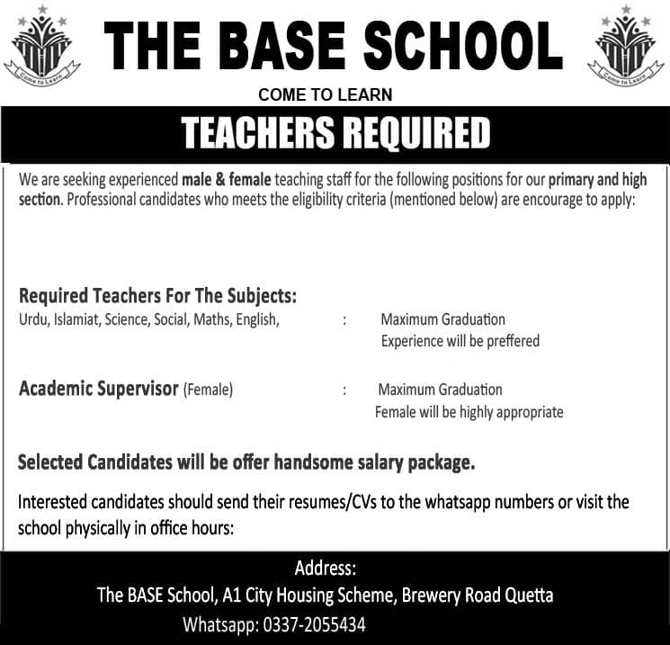The Base School Quetta Jobs 2026 Advertisement