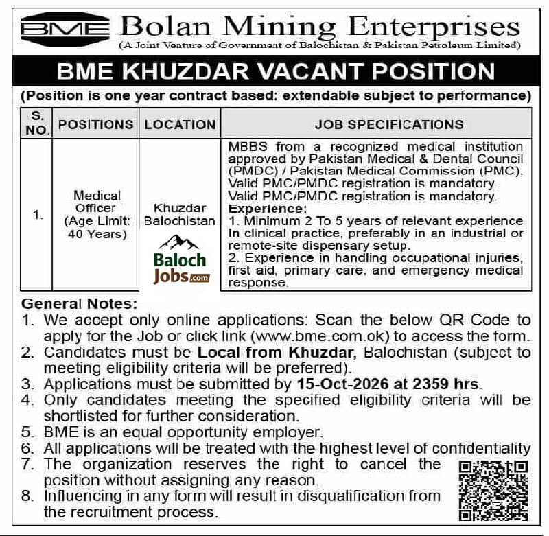 Bolan Mining Enterprises BME Jobs 2026 Advertisement