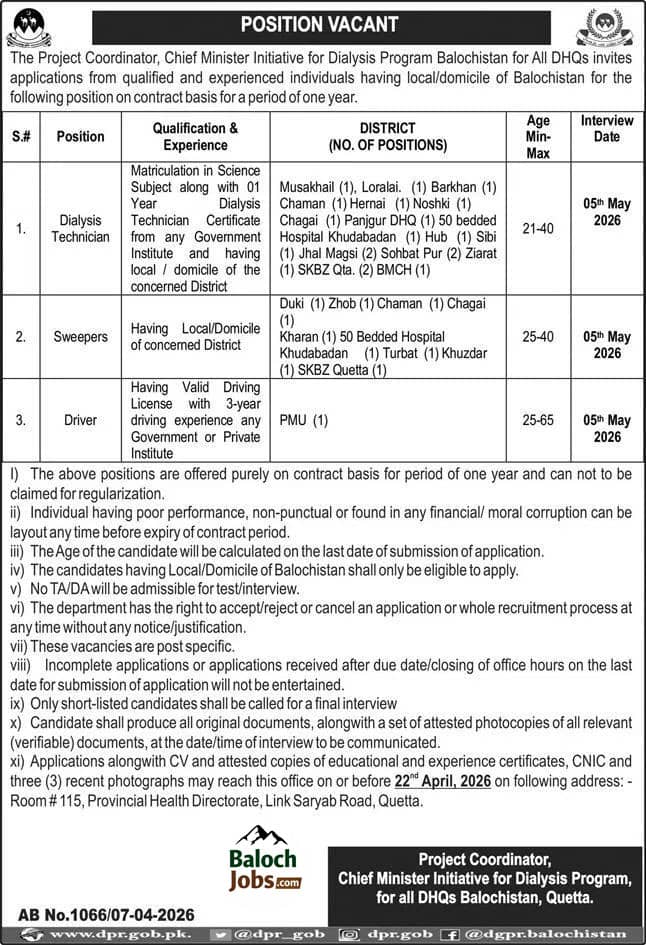 Chief Minister Dialysis Program Balochistan Jobs 2026 Official Advertisement