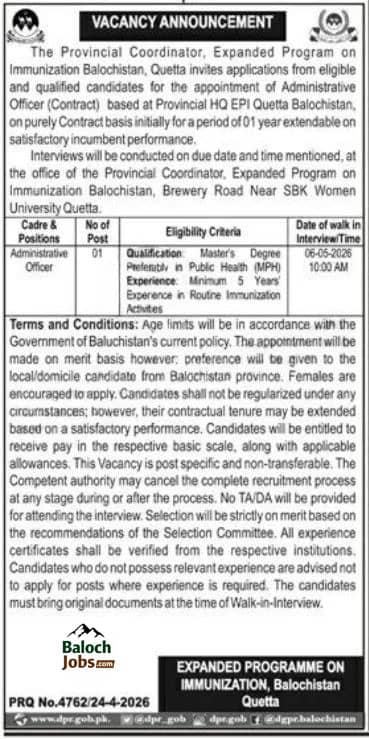 EPI Balochistan Jobs 2026 Advertisement