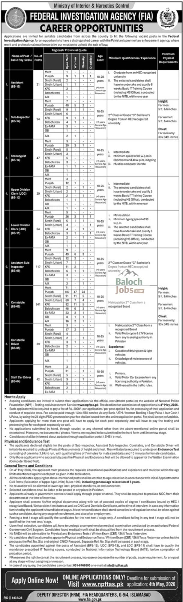 FIA Jobs 2026 Apply Online Official Advertisement
