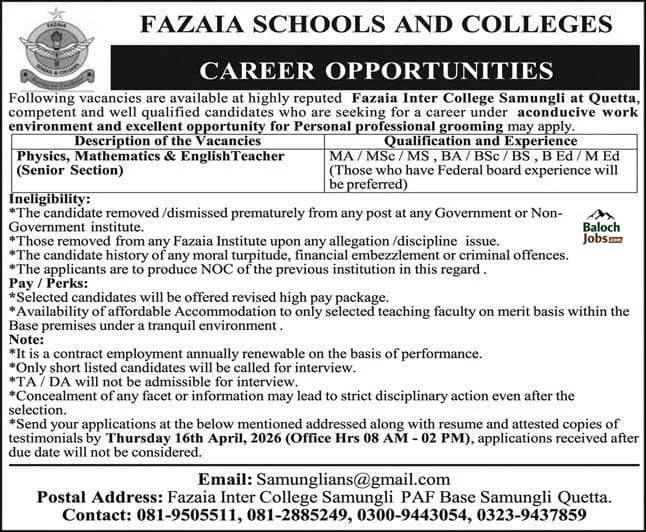 Fazaia Inter College Quetta Jobs April 2026 Official Advertisement