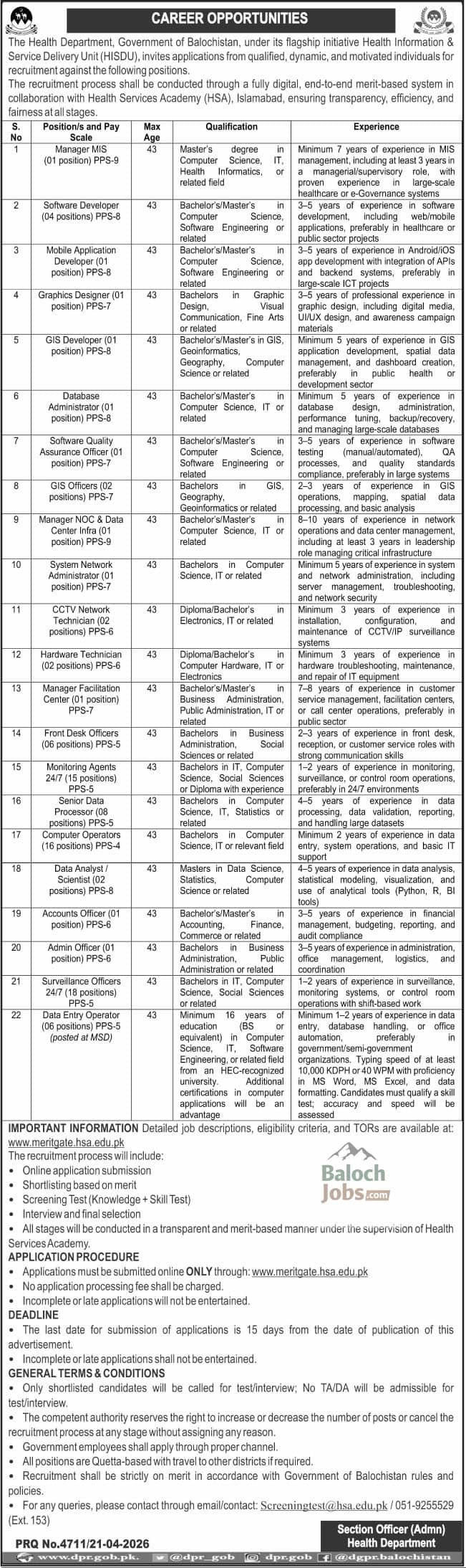 Health Information And Service Dilevery Unit HISDU Balochistan Jobs 2026 Advertisement