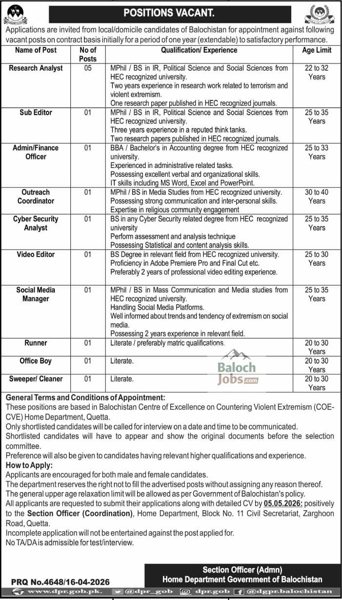 Home Department Balochistan Police Jobs April 2026 Official Advertisement 